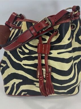 DOONEY BOURKE Tasha Zebra Drawstring Bucket Bag Red Leather Buckle Strap